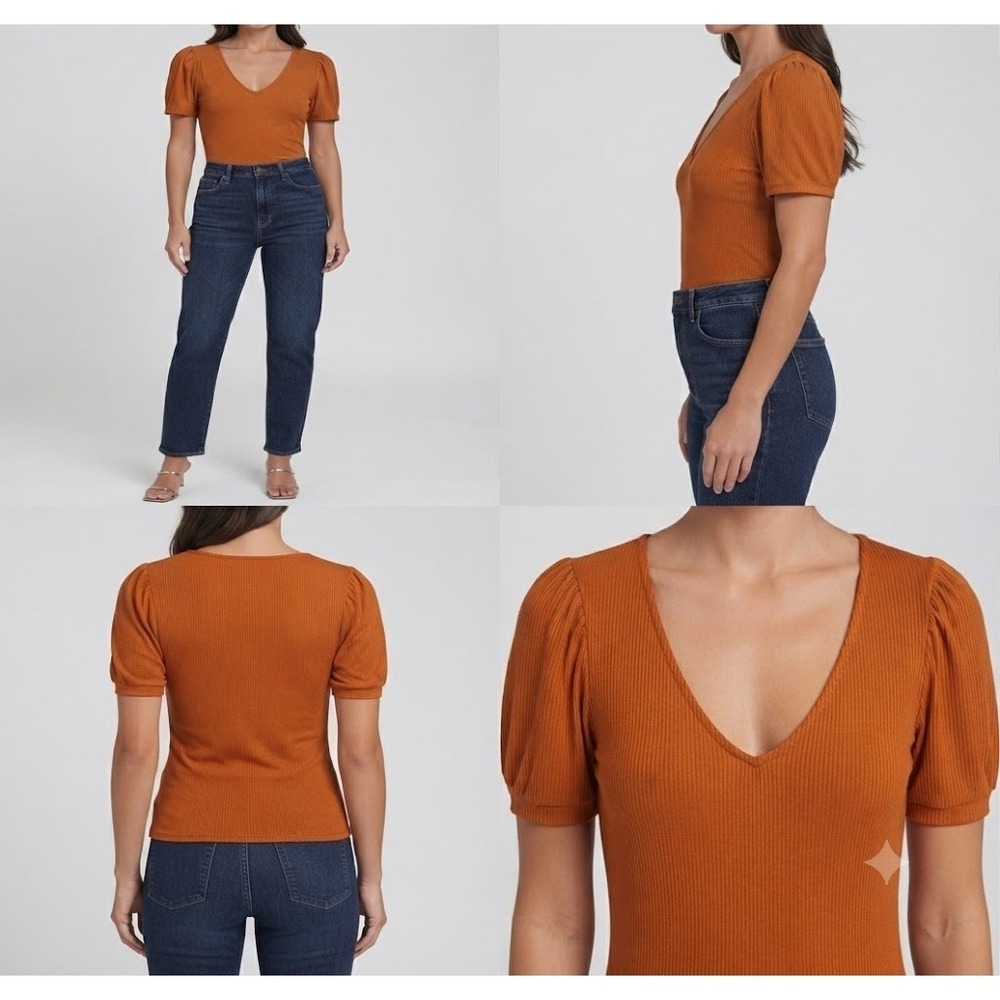 Haute Monde V-Neck Top Womens‎ M Orange Ribbed Knit Stretch Puff Short Sleeve